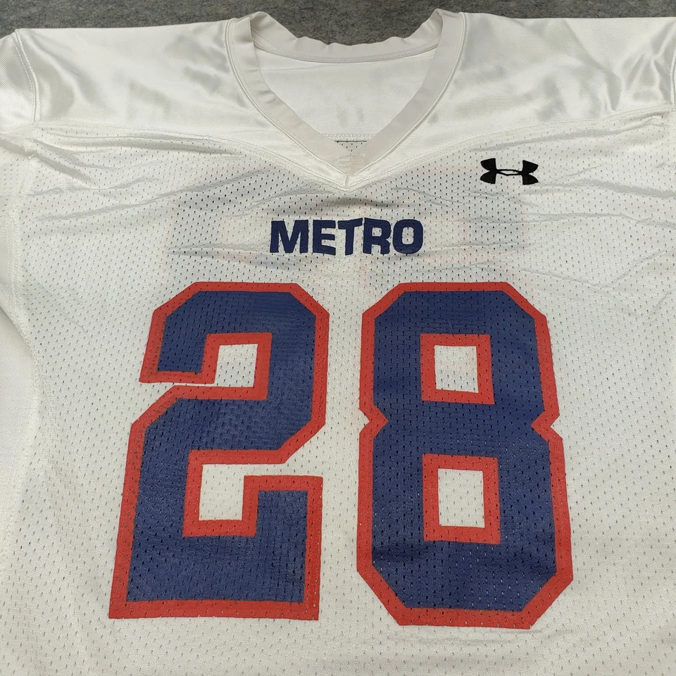 Under Armour Jersey Youth Size Large White/Blue/Red Metro Marouk #28 - Image 3 of 4