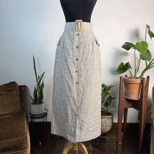 Vintage 100 Linen Oatmeal Neutral Belted Midi Maxi Skirt Button Front, USA