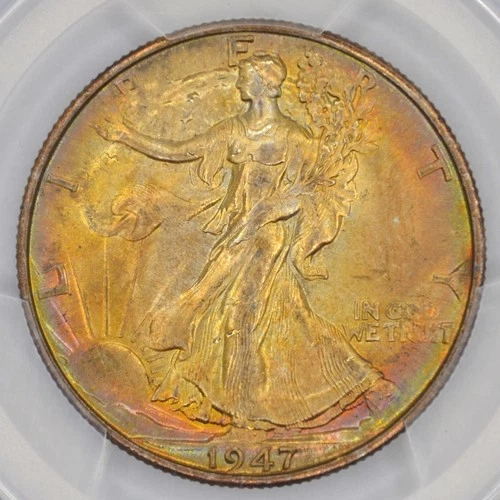 1947-D 50C Walking Liberty Half Dollar PCGS MS65+ Beautiful Toning
