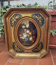 DIPINTO AD OLIO - NATURA MORTA - FIORI - FIRMA HANS - CORNICE OTTAGONALE DORATA