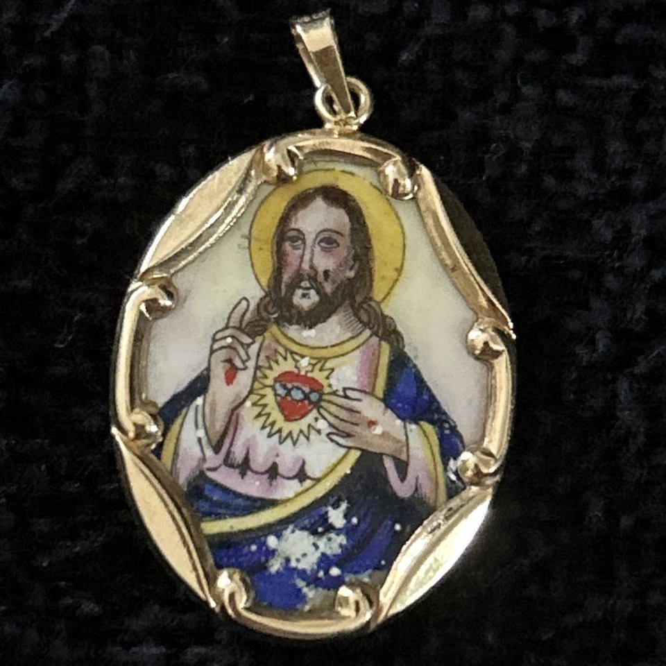 "Colgante de oro amarillo de 14 quilates de dos caras Virgen María/Jesús ovalado/dije 1,4"" vintage" Foto 4 de 4