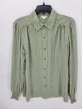 Max Studio Blouse Womens Large Green Gingham Check Embroidered Button Up Top