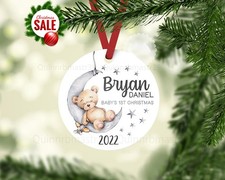 Bear Moon and Stars Baby 1st Christmas Ornament, Personalized Baby First Chri...