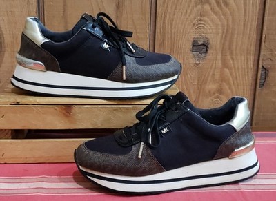 Michael Kors Monique Mixed-Media Trainer Sneaker Black Brown Women's Size 6.5 