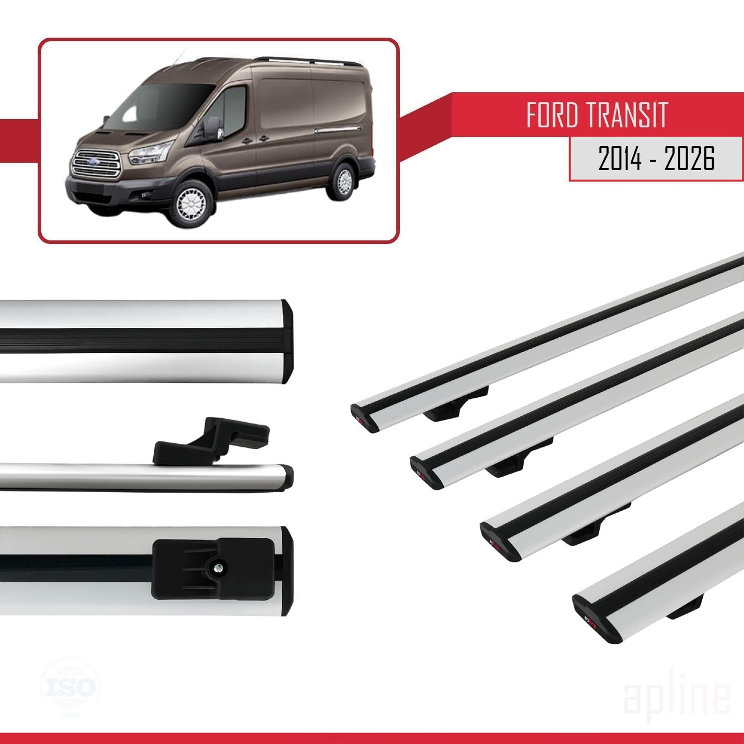 4 Barres de Toit Gris Aluminium pour Ford Transit 2014-2026 Modèle BASIC