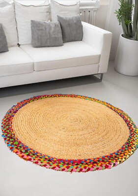 Jute Rund Teppich Naturhanf mit Regenbogen Chindi Flechtbordüre 90 cm Matte Carpet
