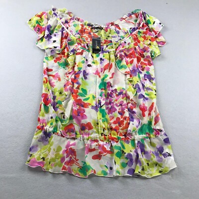Express Shirt Womens Medium Multicolor Floral Ruffled Sheer Peasant Top NWT