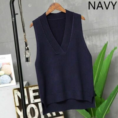 Lady Knitted Vest Waistcoat Sweater Jumper Tank Top V Neck Sleeveless Warm  Soft UK - Main Image