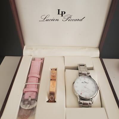 Lucien Piccard Eterno Silver Tone 40mm Watch and Bangle Set Extra Strap  NWOT