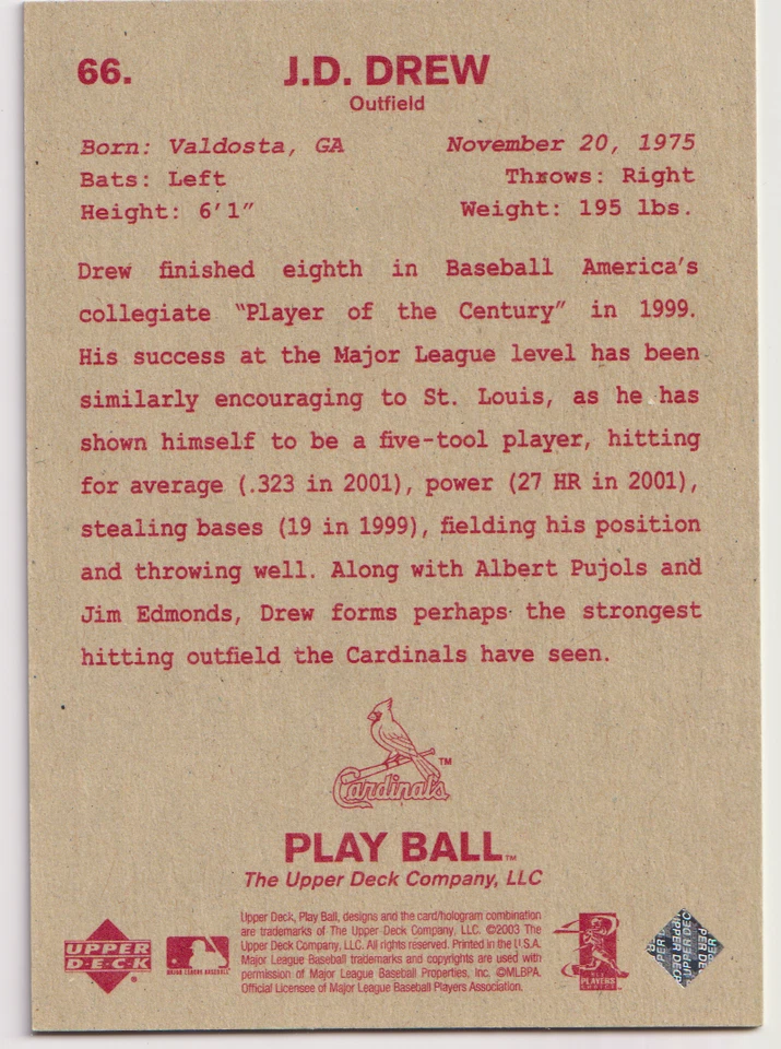 2003 Upper Deck Play Ball #66 JD Drew St. Louis Cardinals - Image 2 of 2