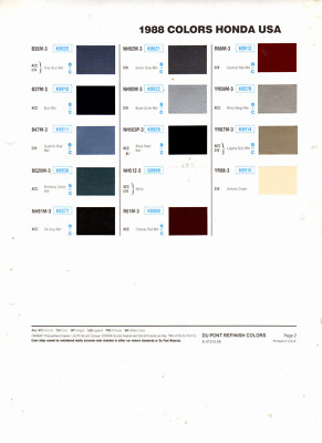 ホンダ ビート カラーチャート 1985 1986 1987 1988 HONDA 85 86 87 88 PAINT CHIP COLORS 88 DUPONT