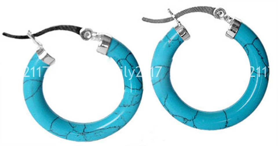 Fashion Natural 30mm Blue Turquoise 925 Silver Hoop Ring Dangle Pierced Earrings - Image 2 of 3