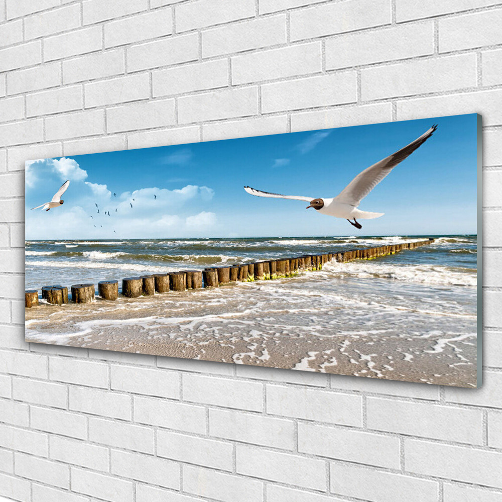 Tableau en verre mer et mouettes 125x50 cm pour illuminer un mur sombre