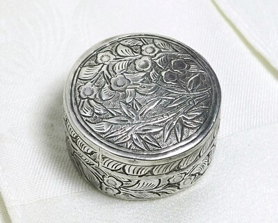 antique Chinese Solid Silver Pill Box Floral round shape - Marked