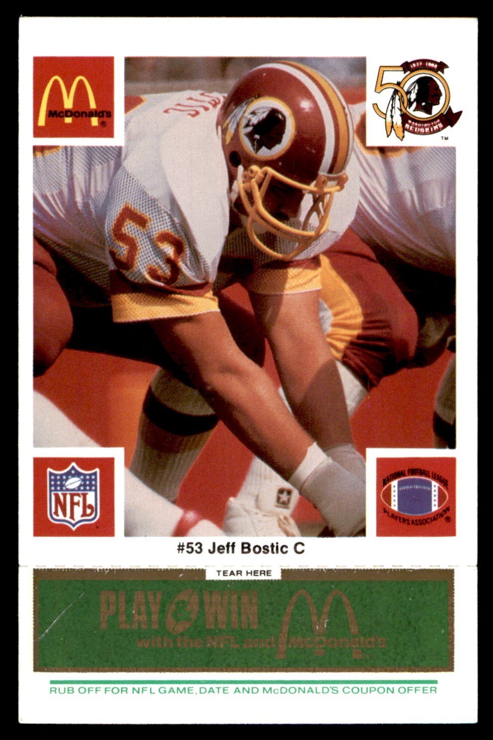 1986 McDonald's Football Green #691 Redskins Jeff Bostic #53 NM/MT *g2