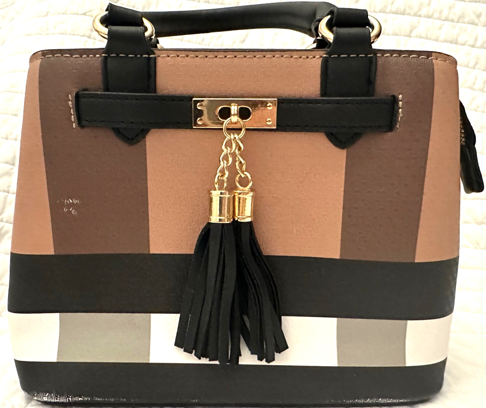 Deluxity Los Angeles Vegan Leather Satchel Multi-Tone Handbag w/Tassels