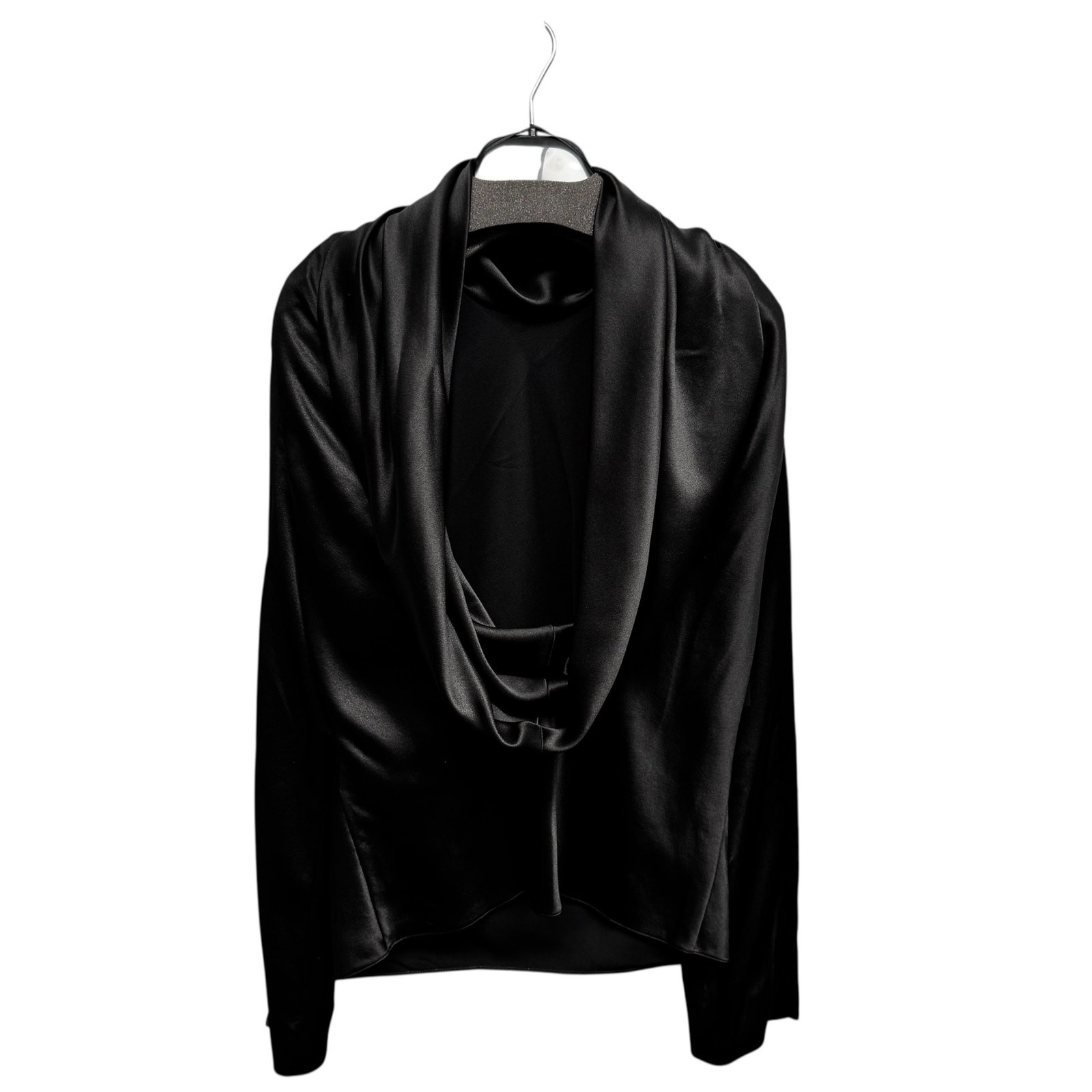 Camicetta Saint Laurent nera nuova con etichetta manica lunga collo alto cappuccio schiena seta donna 4