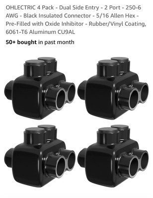 4 Pack - Dual Side Entry - 2 Port - 250-6 AWG - Black Insulated Connector - 5...