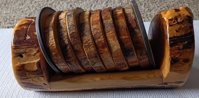 Beautiful Log Coaster Set Set of 10 with Holder Natural Wood