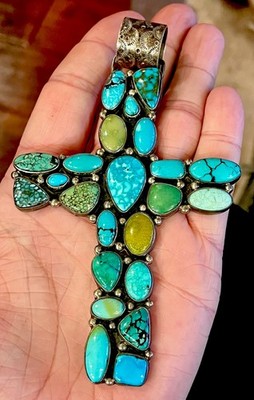 VTG Zuni Turquoise Cluster Sterling Silver Cross Pendant by B Bowekaty 73.4g