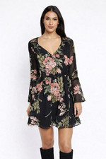 Lipsy Skater Dress Size 12 Floral Lace Bell sleeve Party Black Evening Party