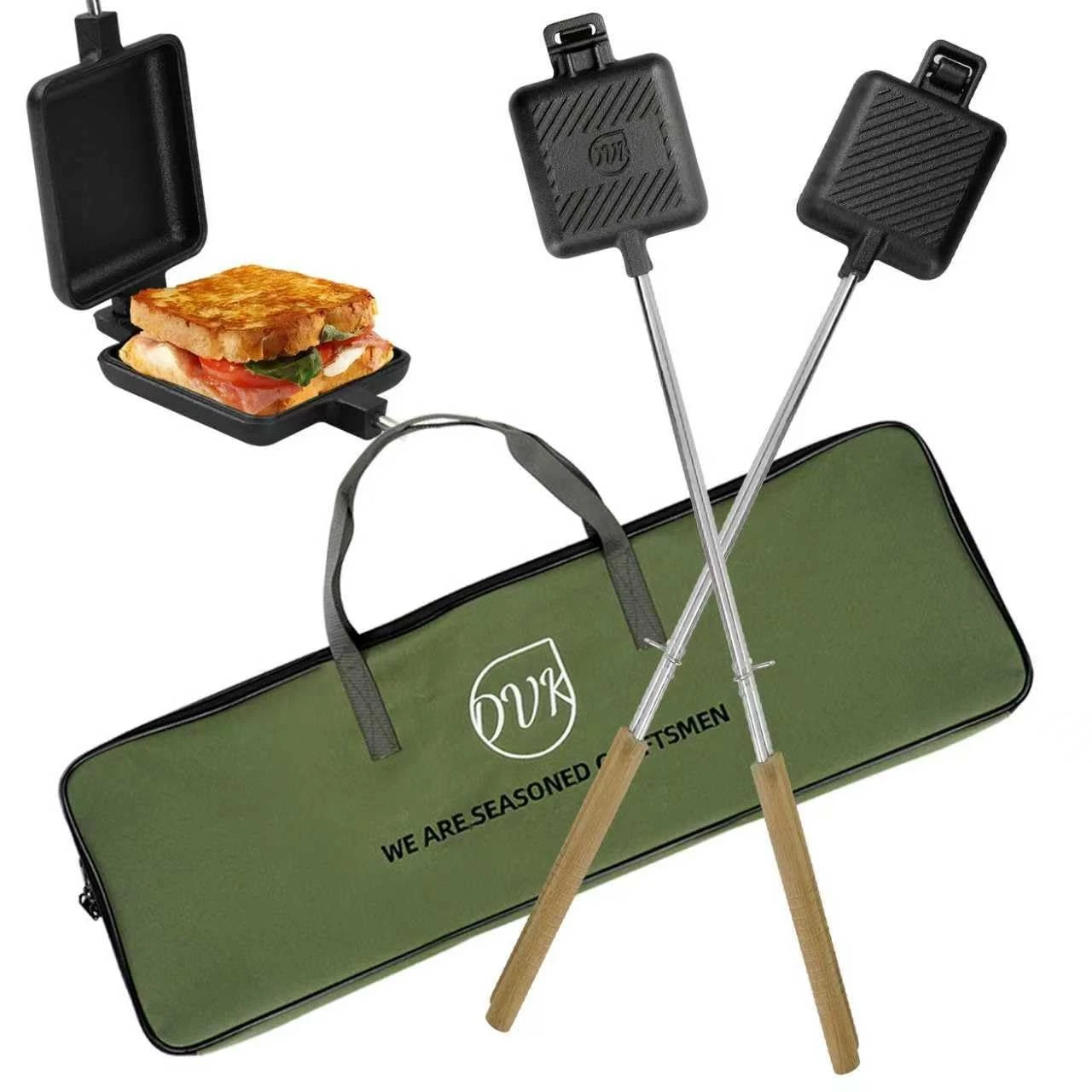 Cast Iron Pie Iron Set of 2 Camping Sandwich Maker 5 Inch with Storage Bag