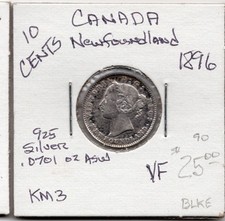 1896 10 Cents CANADA NEWFOUNDLAND .0701oz Silver KM3 World Coin VF