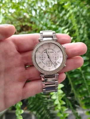 Michael Kors Silver Chronograph Wristwatch Diamond Markers & Diamond Bezel