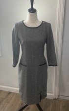 Calvin Klein Gray Wool Blend Tweed Sheath Dress Black Faux Leather Trim 4 60’s
