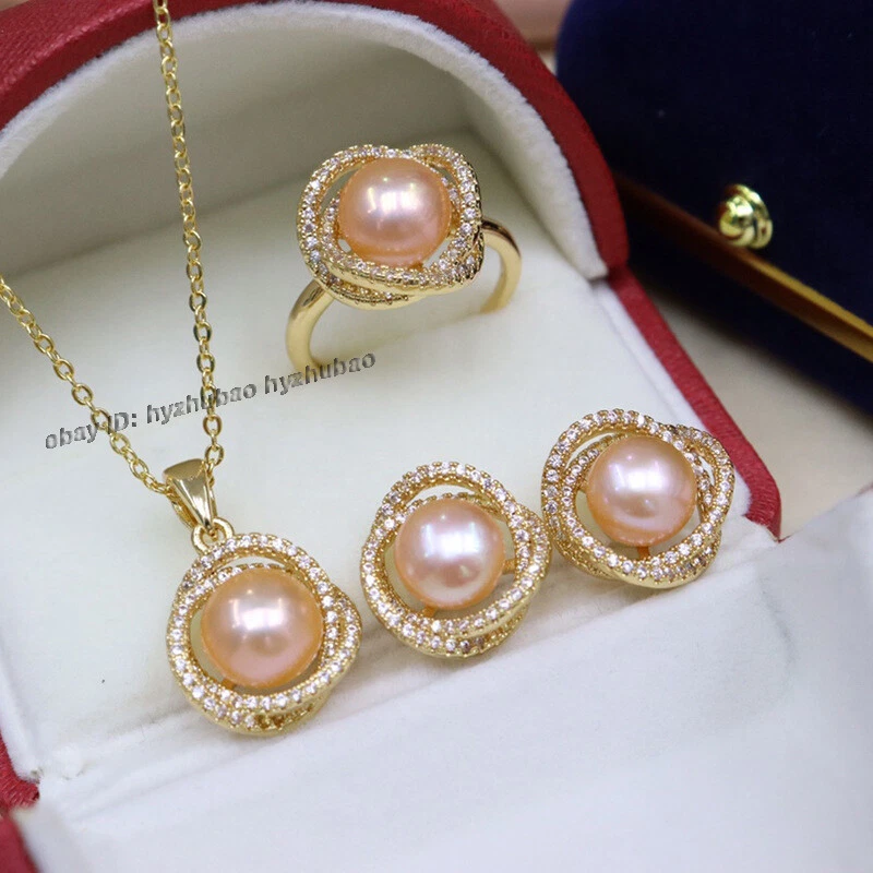 Women's Natural Pearl 18K Gold GP Inlay Earrings +Ring+Pendant Necklace Set AAA - Image 3 of 4