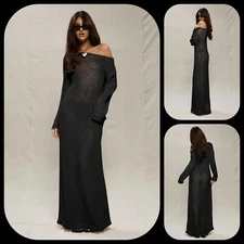 MUSERA's Lovely Black Off Shoulder Open Lightweight & Soft Knit Maxi Dress L 