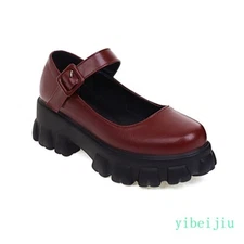 2025 Spring Women's Platform Chunky Heel Mary Jane Leather Shoes Pumps Girl Lady