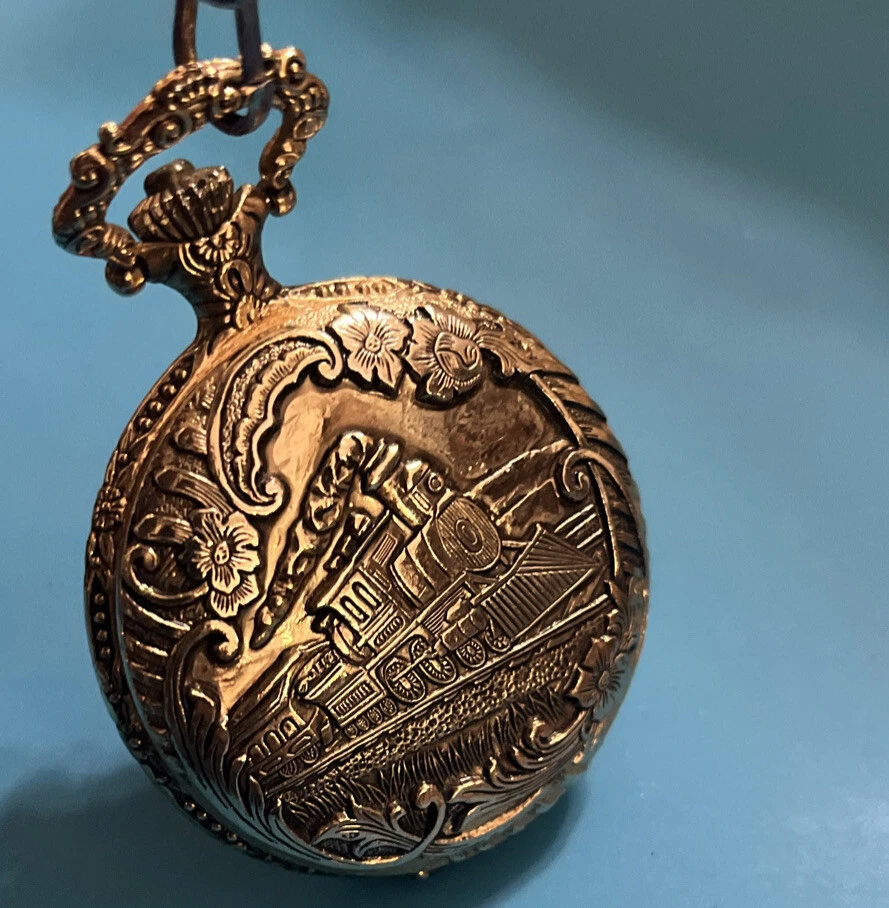 Geneva Pocket Watch Gold Tone Train Theme Antimagnetic Working