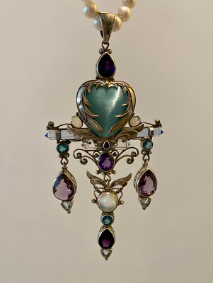 STUNNING! Shankari signed sterling necklace; opal, amethyst,