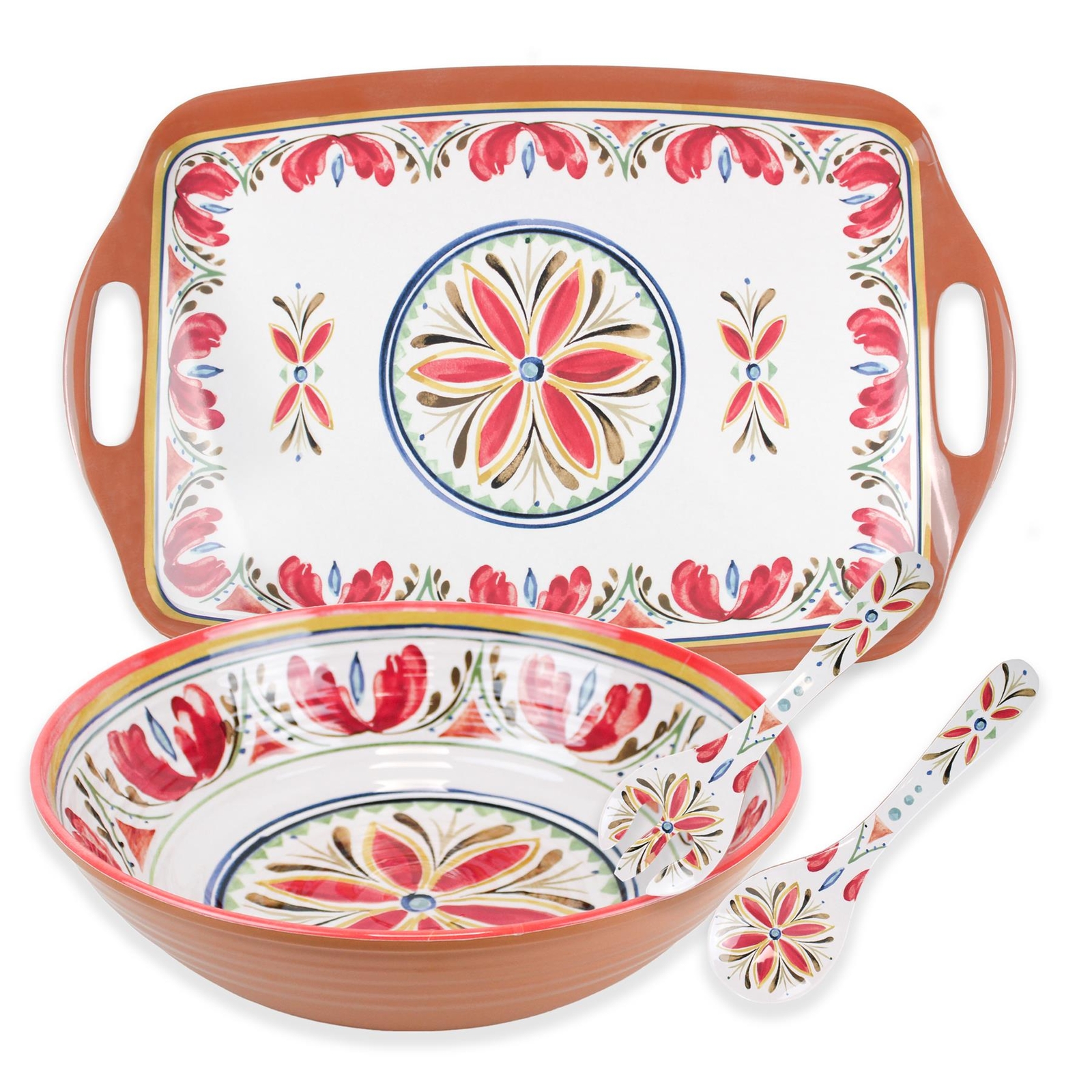Purely Home Mediterranean Melamine/Plastic - Tea Tray, Salad Bowl & Servers Set