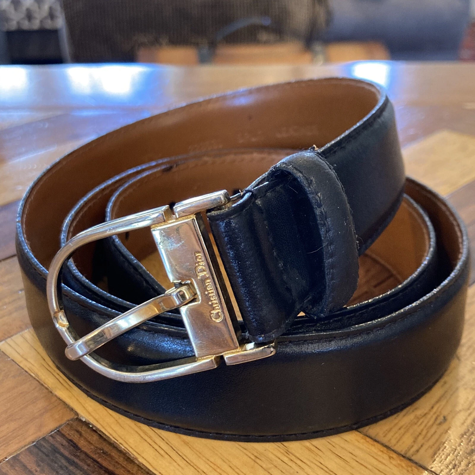Ceinture homme luxe Christian Dior cuir fendu noir uni taille US 36 EU 90
