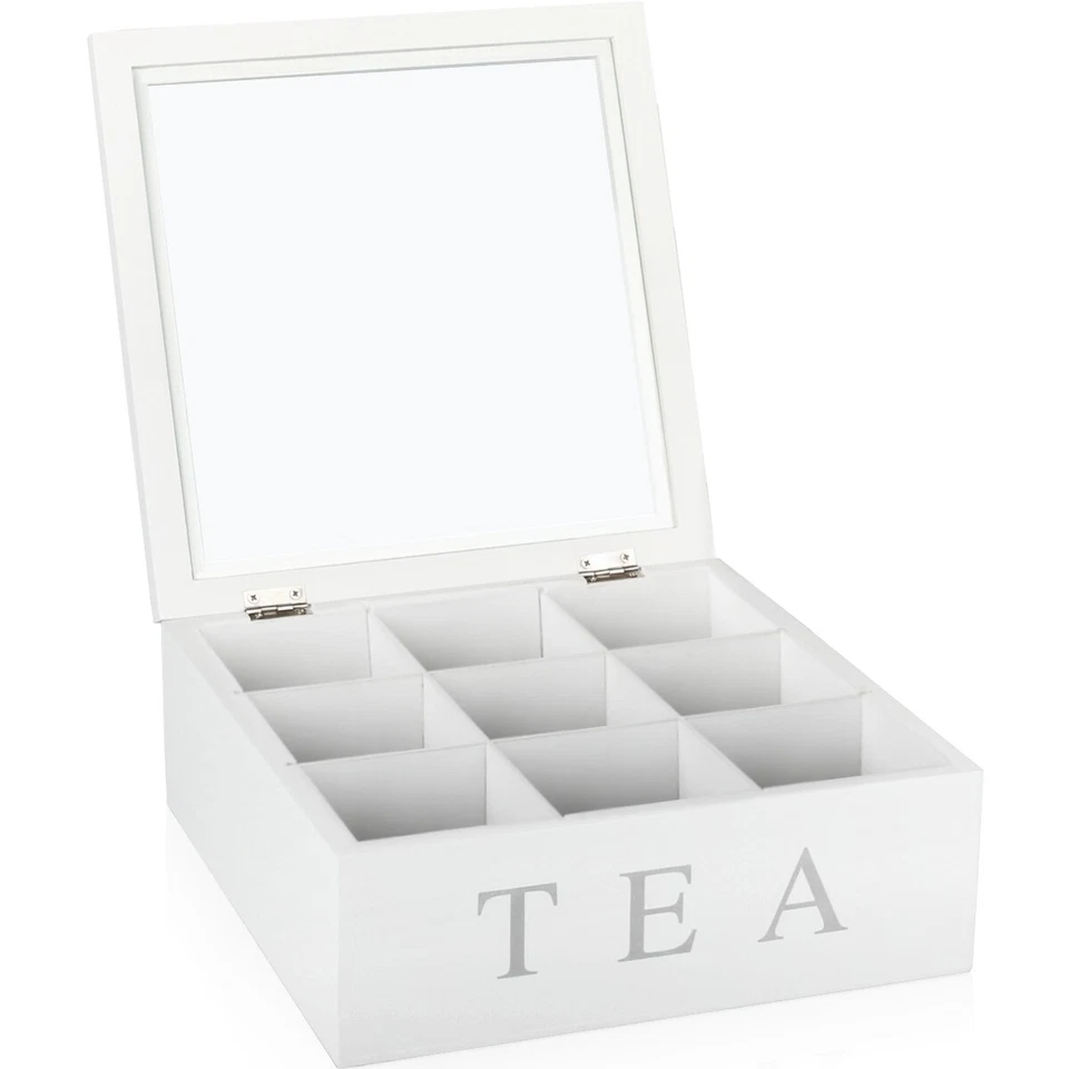 Teebox 9 Fächer Teekiste Holz Teekiste weiß Tee Dose Teebeutel Deko Aufbewahrung - Bild 3 von 4