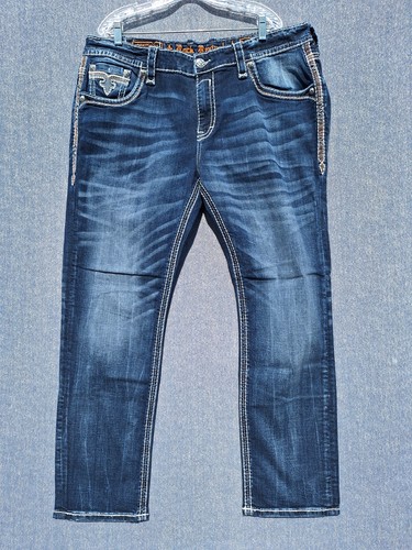 NWOT *Damage Hole* Mens Rock Revival Blue Jeans MOISES Straight 42 MES: 42X32 - Picture 6 of 14