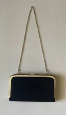 Lulu Townsend Blue Satin Rhinestone Clutch Purse Gold Frame Chain Evening Bag 