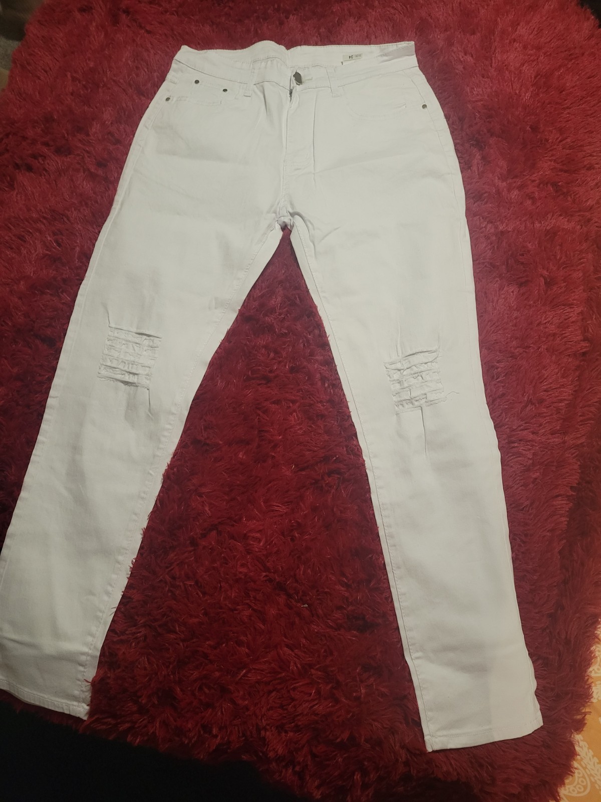 White Denim Straight Jeans Distressed Button  with rip solid Cotton