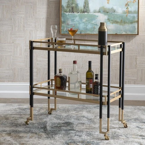 Uttermost 25229 Kentmore Matte Black and Brushed Gold with Clear Glass Bar Cart - Picture 6 of 6