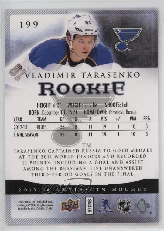 2013-14 Upper Deck Artifacts Rookies Ruby /299 Vladimir Tarasenko #199 Rookie RC - Image 2 of 2