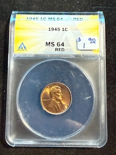 1945 LINCOLN WHEAT CENT ANACS MS 64 RD 132
