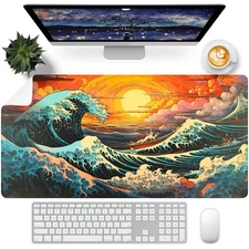Japanese Sea Wave Desk Pad, Desk Matt for Desktop, Leather Mouse Pad, Waterpr...