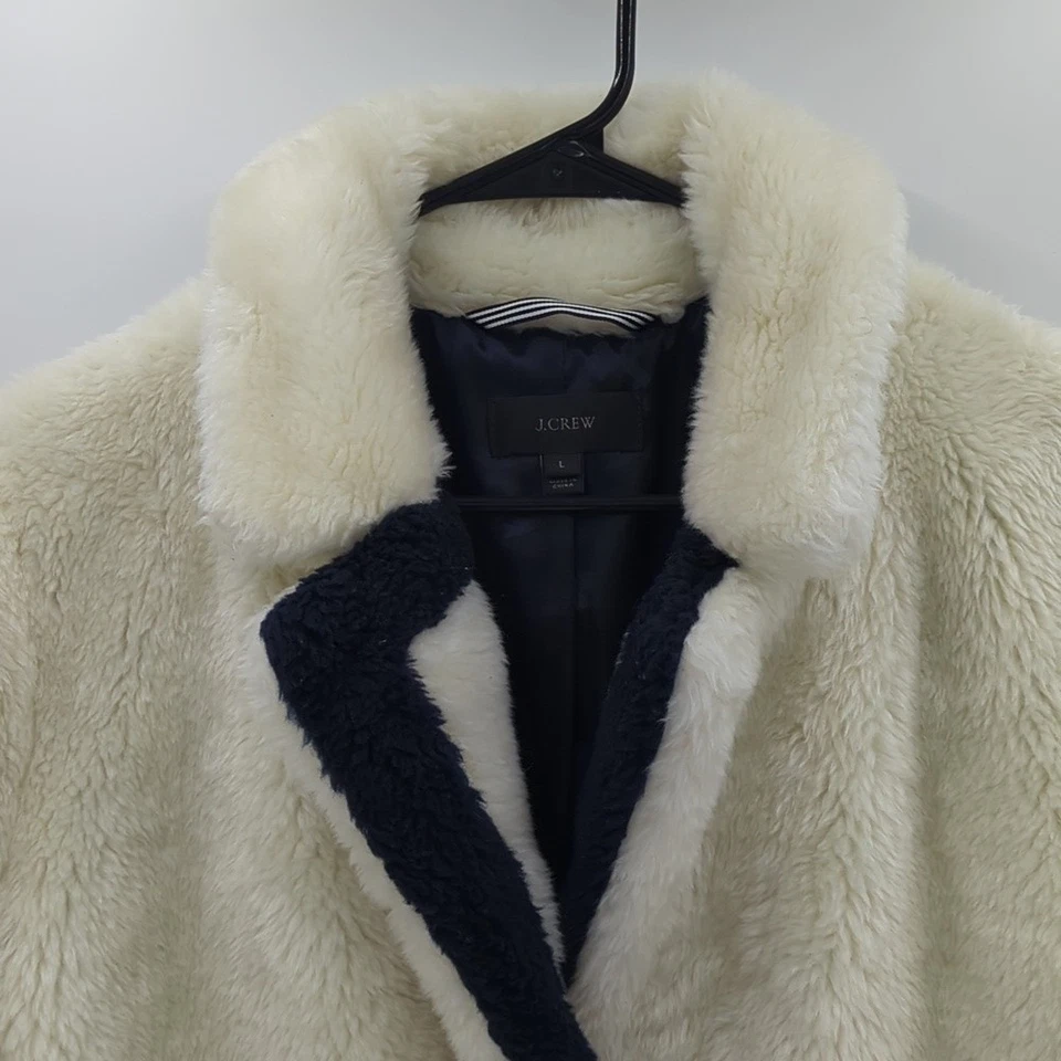 Abrigo de peluche para mujer J.Crew de felpa polar beige azul rayas bolsillos grandes Foto 2 de 4