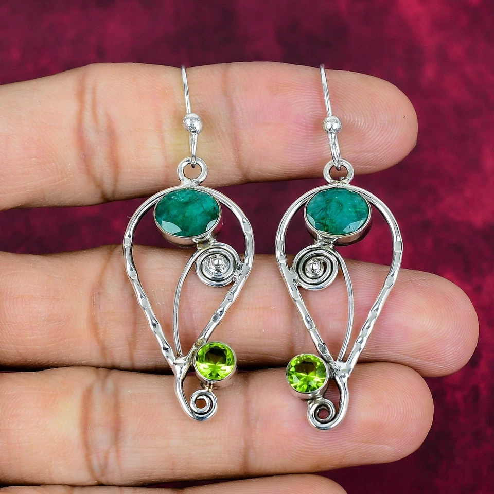 Lab-Created Emerald & Peridot Gemstones Handmade 925 Silver Jewelry Earrings - Image 4 of 4