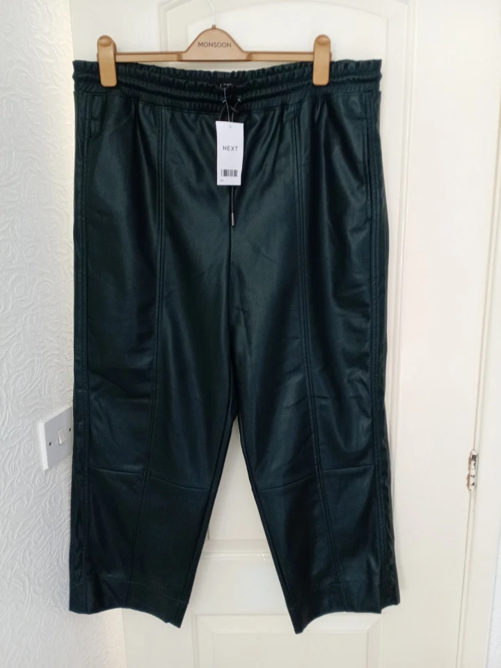 Next New With Tags Dark Green Wide Leg Drawstring Faux Leather Trs Sz 18 Regular - Image 2 of 4