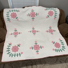 Vintage Cottagecore Floral Applique Garden Quilt 65x66 Handmade Tulips Dahlias 