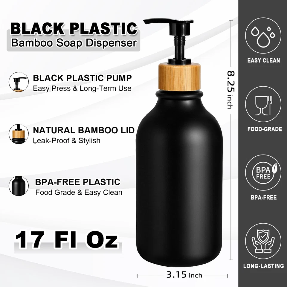 Black Bamboo Pump Soap Dispenser, 17 Oz Hand Dish Soap Bottle for Bathroom - Image 4 of 4