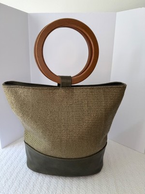 Street Level Woven Straw Bag Olive Green Wood Ring Handles Boho Purse